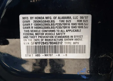 2007 Honda Pilot Ex из США, поврежденный, VIN 5FNYF28457B046312
